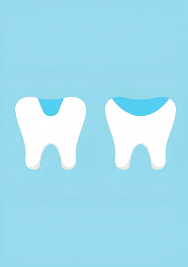 Two white teeth illustrations on light blue background representing dental health and care.